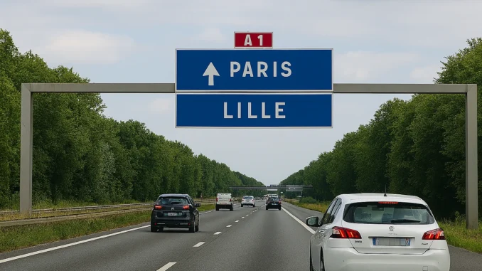 Panneau autoroute A1 Paris Lille Panneau bleu de l’autoroute A1 indiquant Paris et Lille