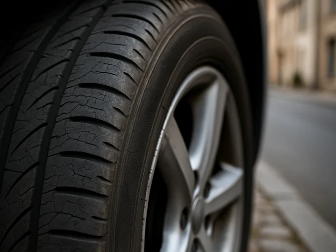 Pneu craquelé avec fissures visibles sur le flanc