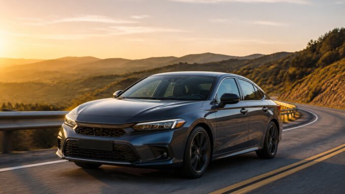 Honda civic 2026 conduite au coucher du soleil