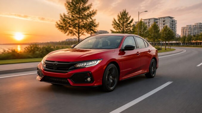 Honda civic rouge coucher de soleil dynamique
