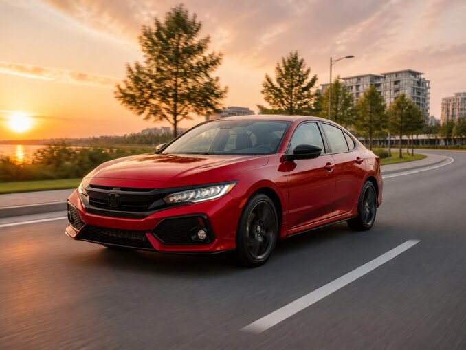 Honda civic rouge coucher de soleil dynamique