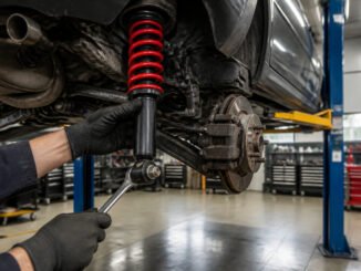 Mecanicien inspectant un amortisseur de voiture