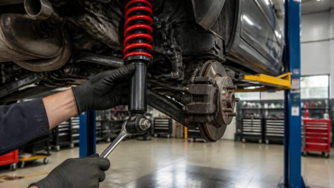 Mecanicien inspectant un amortisseur de voiture