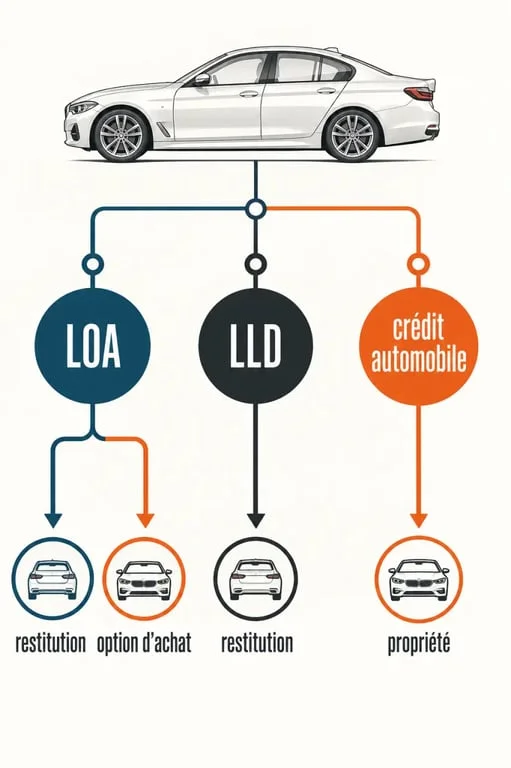 Simulateur LOA Peugeot : infographie comparant LOA, LLD et crédit automobile