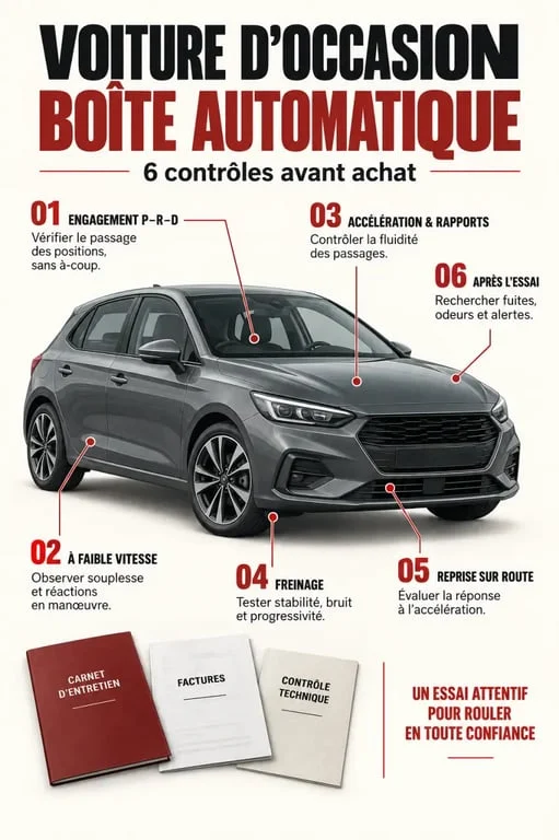 Infographie pour trouver une voiture occasion boite automatique pas cher le bon coin et vérifier la transmission