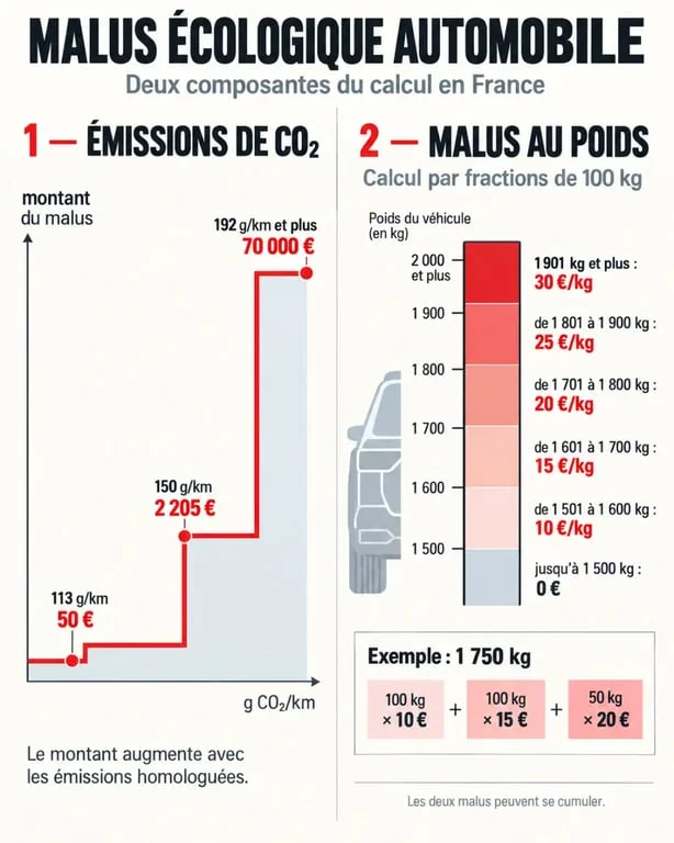 Infographie du calcul malus écologique selon les émissions de CO₂ et le poids du véhicule