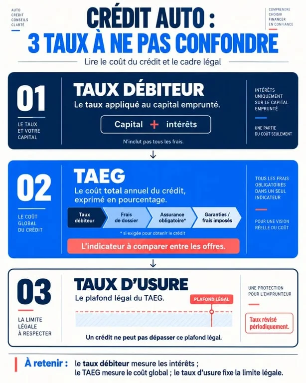 Infographie sur le crédit auto intérêt comparant taux débiteur, TAEG et taux d’usure