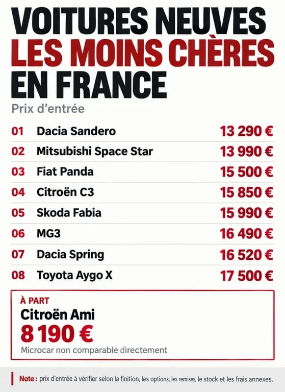 Infographie des voitures neuves les moins chères avec prix d'entrée en France