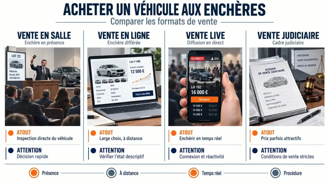 Vente au enchères véhicule : formats de vente en salle, online, live et judiciaire